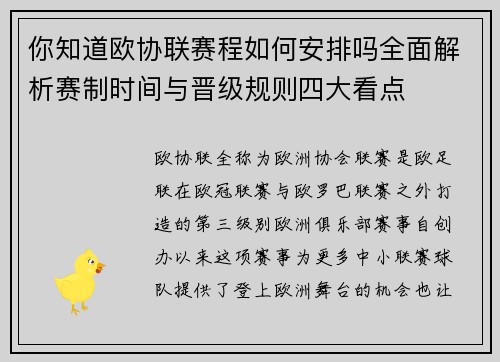 你知道欧协联赛程如何安排吗全面解析赛制时间与晋级规则四大看点 你知道欧协联赛程如何安排吗全面解析赛制时间与晋级规则四大看点